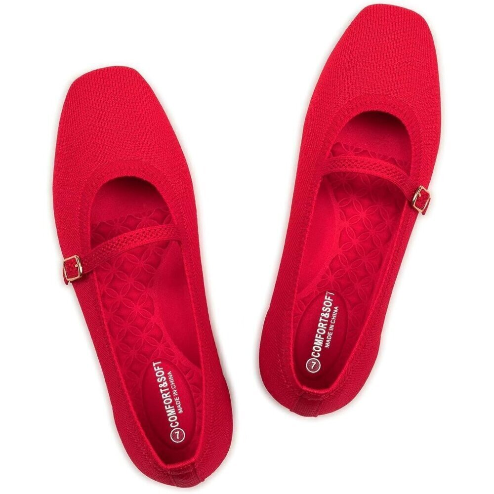 Frank Mully Mary Jane Women Red Faux Leather Slip on Square-Toe Flat Shoes